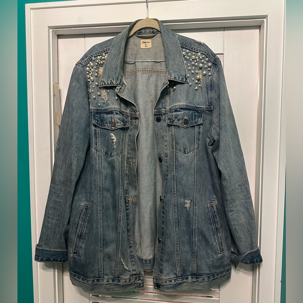 Pearl Embellished + Distressed Denim Jacket